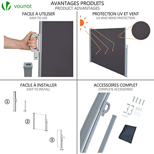 VOUNOT Toldo Lateral Retráctil, Protege la Privacidad, Protector Solar a Prueba de Viento, para Balcón, Jardin, Terraza, 140 x 300cm, Antracita