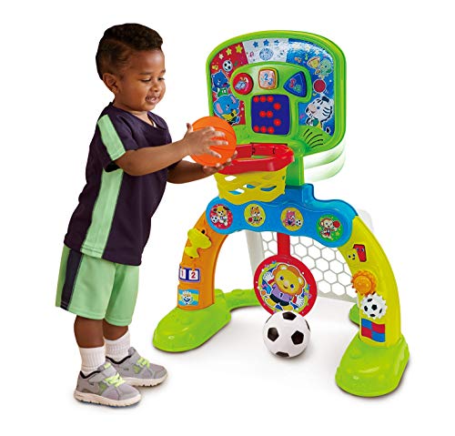 VTech - Centro de deportes Basket-Gol, Portería de fútbol, canasta de baloncesto y diana, disfruta jugando, efectos especiales y respuestas interactivas, incluye tres pelotas, marcador LED (80-533522)