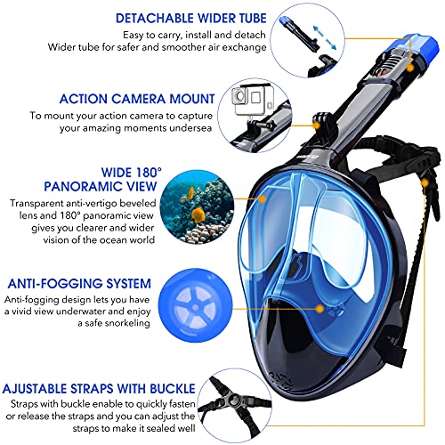 WANFEI Máscara de Buceo, 180° Máscara de Snorkel Doble Vía Aérea Panorámica Gafas Buceo de Cara Completa Gafas de Bucear Anti-Niebla y Anti-Fugas, Apoyo Camara Deportiva para Adultos y Niños y Hombre