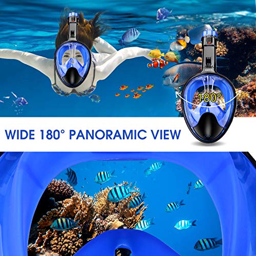 WANFEI Máscara de Buceo, 180° Máscara de Snorkel Doble Vía Aérea Panorámica Gafas Buceo de Cara Completa Gafas de Bucear Anti-Niebla y Anti-Fugas, Apoyo Camara Deportiva para Adultos y Niños y Hombre