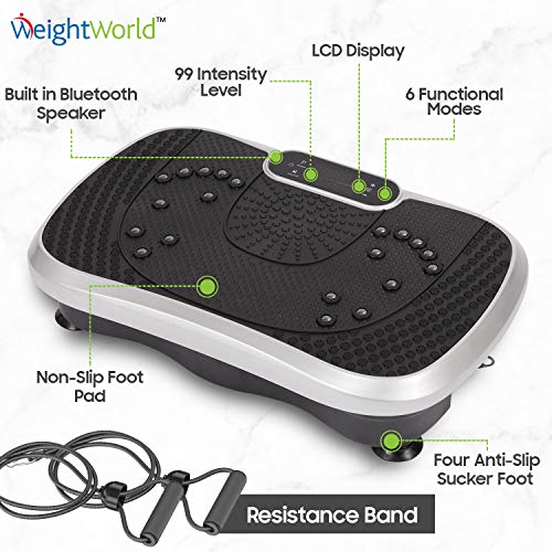 WeightWorld Plataforma Vibratoria Fitness - Máquina de Ejercicio y Masajes, Entrenamiento en Casa, con Altavoz Bluetooth, Mando a Distancia y Gomas Elásticas Fitness, 99 Niveles