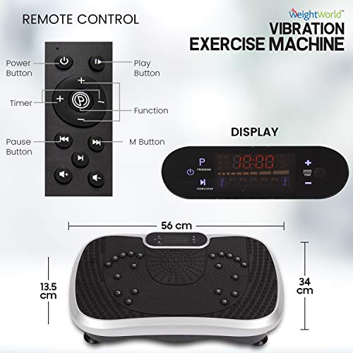 WeightWorld Plataforma Vibratoria Fitness - Máquina de Ejercicio y Masajes, Entrenamiento en Casa, con Altavoz Bluetooth, Mando a Distancia y Gomas Elásticas Fitness, 99 Niveles