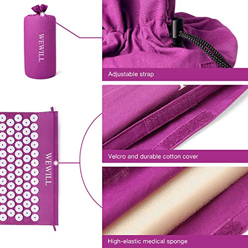 WEWILL Esterilla Acupresion Kit con Almohda y Bolsa para Acupuntura y Moxibustión Yoga Mat Masajeador de Acupresión Mat,Púrpura