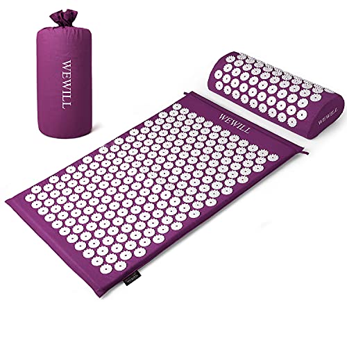 WEWILL Esterilla Acupresion Kit con Almohda y Bolsa para Acupuntura y Moxibustión Yoga Mat Masajeador de Acupresión Mat,Púrpura