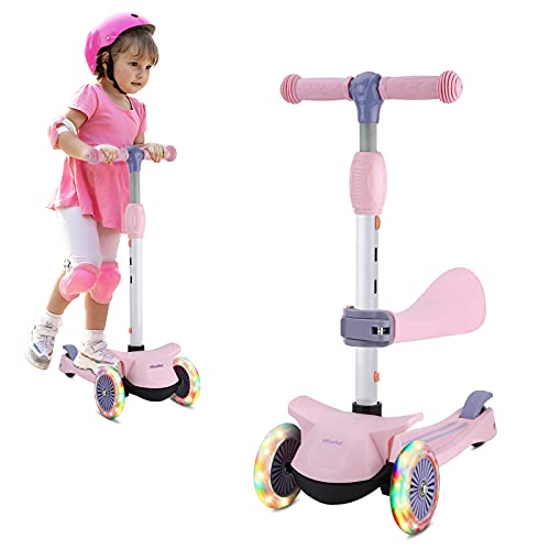 Wheelive 3-en-1 Patinete con Asiento extraíble, 3 LED Ruedas para niños, 4 Altura Ajustable y diseño Plegable Patinetes para niños pequeños Sit o Stand Ride para niños y niñas de 2 a 6 años