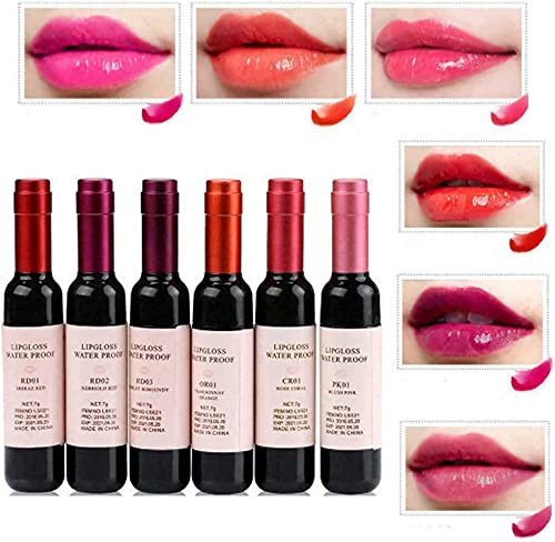 Wine Liquid Lipstick, 6 Colors Lady Long Lasting Make Up Gloss Matte Lip Tint Wine Bottle Cover, Waterproof Moisturizing and Non-Stick Cup Lip Gloss Lip Sticks (Mixed 6 Colors)