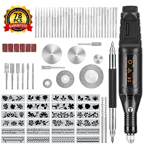 Winload 78 Piezas Kit de Herramientas de Grabado, 52 Bits y 24 Plantilla de Pintura, Velocidad Variable Grabado Pluma para Metal Madera Joyería Vidrio Cerámica para Pulido Grabado Rectificado Lijado