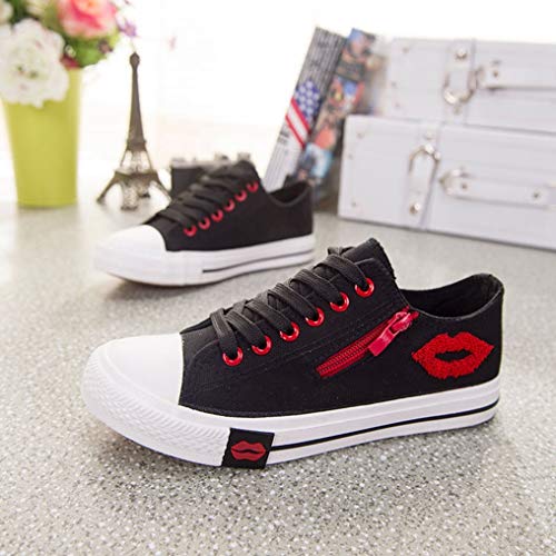 Women Fashion Sneakers Summer Low Cut Shallow Zipper Casual Shoes Female Mixed Color Lip Print Graffiti Canvas Shoes