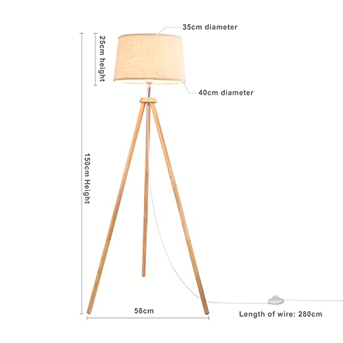 WUDSEE Lámpara de Pie de Trípode 150cm Lámpara de Vertical con Trípode Removible de Madera y Pantalla de Tela ,Base E27 Max.60W,para Salón, Dormitorio, Estudio, Color:Beige