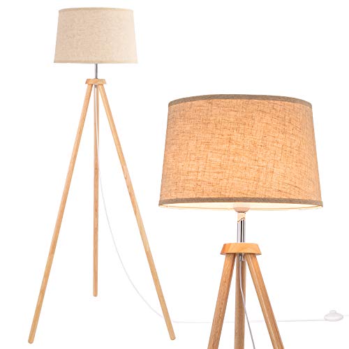 WUDSEE Lámpara de Pie de Trípode 150cm Lámpara de Vertical con Trípode Removible de Madera y Pantalla de Tela ,Base E27 Max.60W,para Salón, Dormitorio, Estudio, Color:Beige