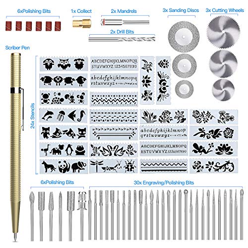 Wukong 81Piezas Kit de Herramientas de Grabado, Plantilla de Pintura, Velocidad Variable Grabado Pluma para Metal Madera Joyería Vidrio Cerámica para Pulido Grabado Rectificado Lijado