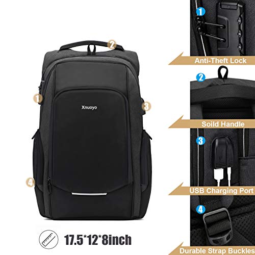 Xnuoyo Mochila Antirrobo de Portátil, 15,6 Pulgada Mochila Ordenador Portatil Resistente al Agua con el Puerto de Carga y Auriculares USB para Hombre Mujer Oficina Trabajo Diario Negocio, Negro