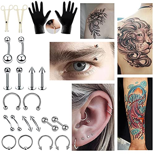 YancLife 42Pcs Kit de Piercing del Cuerpo, Profesión Aguja de Punción de Acero Inoxidable, Erradura Lengua Labial Ceja Tragus Piercing Corporal Anillos de Ombligo Barbells