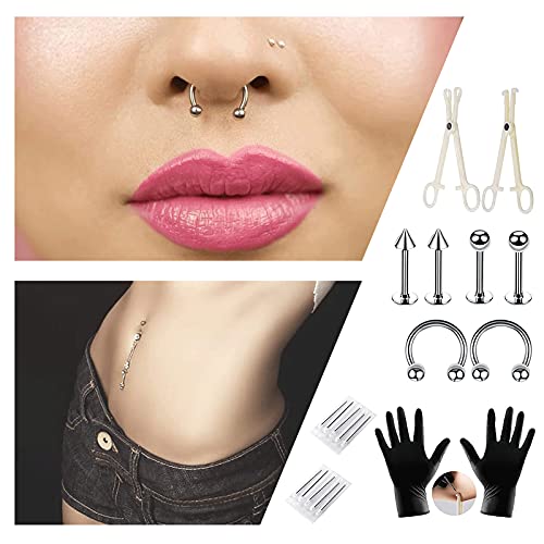 YancLife 42Pcs Kit de Piercing del Cuerpo, Profesión Aguja de Punción de Acero Inoxidable, Erradura Lengua Labial Ceja Tragus Piercing Corporal Anillos de Ombligo Barbells