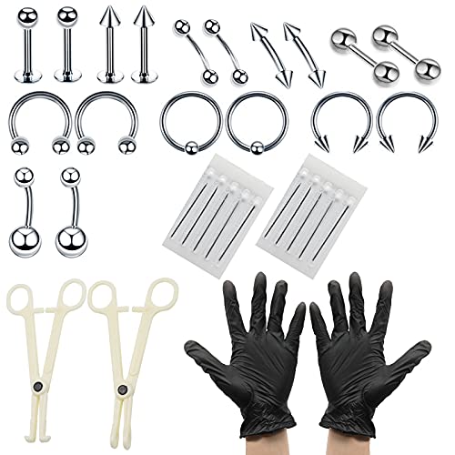 YancLife 42Pcs Kit de Piercing del Cuerpo, Profesión Aguja de Punción de Acero Inoxidable, Erradura Lengua Labial Ceja Tragus Piercing Corporal Anillos de Ombligo Barbells