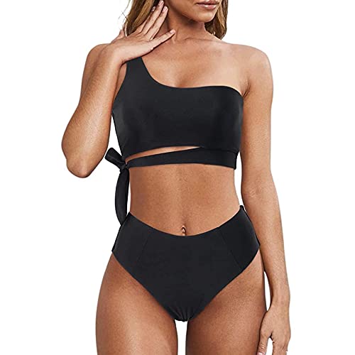 YANFANG BañAdores Mujer BrasileñOconjunto De Bikini Un Hombro Sexy para Traje BañO Push Up Cintura Alta,Conjunto Alta,Negro,M