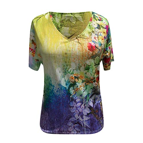 YANFANG Camiseta Cuello Pico Mujer Manga Corta,Blusa de Camiseta con Cuello en V Estampada de Manga Corta de Talla Grande para Mujer Camisetas, Tops y Blusas