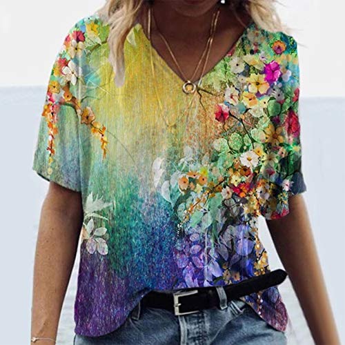 YANFANG Camiseta Cuello Pico Mujer Manga Corta,Blusa de Camiseta con Cuello en V Estampada de Manga Corta de Talla Grande para Mujer Camisetas, Tops y Blusas