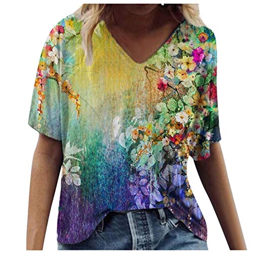 YANFANG Camiseta Cuello Pico Mujer Manga Corta,Blusa de Camiseta con Cuello en V Estampada de Manga Corta de Talla Grande para Mujer Camisetas, Tops y Blusas