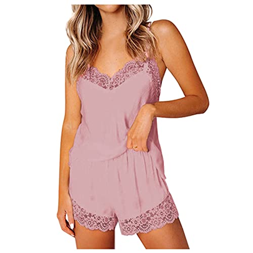 YANFANG Pijama De Mujer, Sexy, SatéN, Encaje, Costuras, Tirantes,Conjuntos Pijamas SatéN Sexy para Mujer Conjuntos Encaje con Ribete Cami Tops Pantalones Cortos Ropa Dormir,Rosa,XL