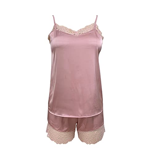 YANFANG Pijama De Mujer, Sexy, SatéN, Encaje, Costuras, Tirantes,Conjuntos Pijamas SatéN Sexy para Mujer Conjuntos Encaje con Ribete Cami Tops Pantalones Cortos Ropa Dormir,Rosa,XL