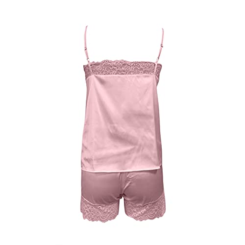 YANFANG Pijama De Mujer, Sexy, SatéN, Encaje, Costuras, Tirantes,Conjuntos Pijamas SatéN Sexy para Mujer Conjuntos Encaje con Ribete Cami Tops Pantalones Cortos Ropa Dormir,Rosa,XL