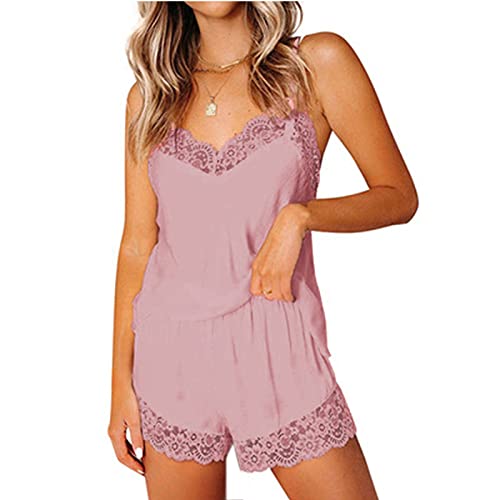 YANFANG Pijama De Mujer, Sexy, SatéN, Encaje, Costuras, Tirantes,Conjuntos Pijamas SatéN Sexy para Mujer Conjuntos Encaje con Ribete Cami Tops Pantalones Cortos Ropa Dormir,Rosa,XL