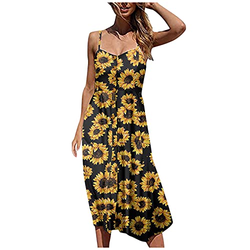 YANFANG Vestido A Media Pierna Bohemio con Bolsillos Abatibles Estampado para Mujer,Vestido De Mujer Botones Bohemios Y Girasoles,Mini TúNica Manga Corta,Negro,XXL