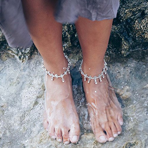 Yean Tobilleras bohemias con cuentas de tobillo y borlas de plata, joyería de pie de playa para mujeres y niñas