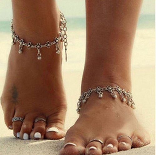 Yean Tobilleras bohemias con cuentas de tobillo y borlas de plata, joyería de pie de playa para mujeres y niñas