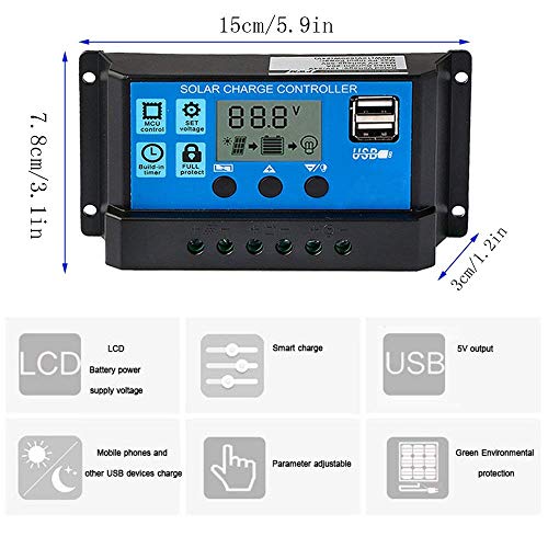 Y&H 40A Controlador de Carga Solar Panel Solar 12V/24V Inteligente Controlador de Carga con 5V Control de temporizador Pantalla LCD yDoble Puerto USB,para Panel Solar Lámpara Batería y Iluminación LED