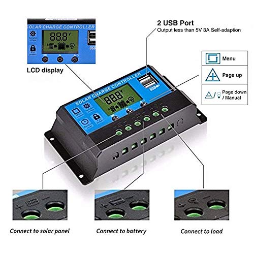 Y&H 40A Controlador de Carga Solar Panel Solar 12V/24V Inteligente Controlador de Carga con 5V Control de temporizador Pantalla LCD yDoble Puerto USB,para Panel Solar Lámpara Batería y Iluminación LED