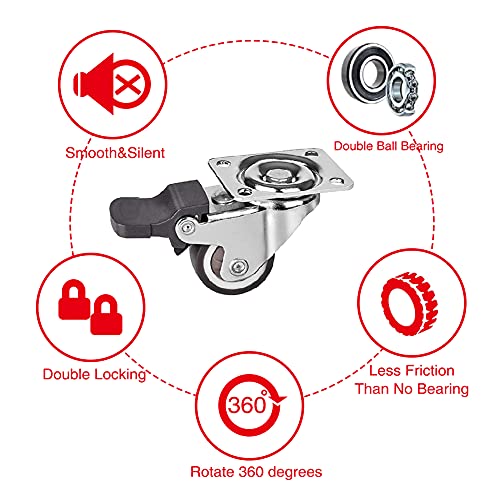 YIXISI Paquete de 4 38mm Rueda Pivotantes de Goma con Placas de Montaje para Muebles, 2 Ruedas con Freno y 2 Ruedas sin Freno, con Tornillos y Destornillador, Marrón