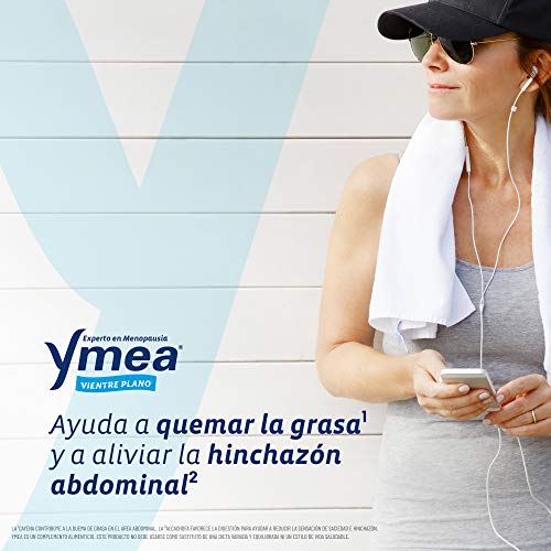 Ymea Vientre Plano - Tratamiento de la menopausia, control de sofocos y alivia el hinchazón abdominal, uso prolongado, sin estrogenos, soja o consevantes, 64 capsulas, Tratamiento 1 mes, 26 gr