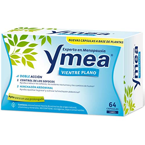 Ymea Vientre Plano - Tratamiento de la menopausia, control de sofocos y alivia el hinchazón abdominal, uso prolongado, sin estrogenos, soja o consevantes, 64 capsulas, Tratamiento 1 mes, 26 gr