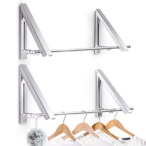 YORBAY Perchero de Pared Percha Plegable para Ahorrar Espacio 2 Piezas, Abatible Aluminio Ropa Percha Organizador con Ganchos y Tubo para Sala, Cuarto, Baño, Balcón, Oficina, Ahorra Espacio