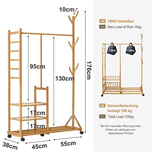 YORBAY Perchero sobre Ruedas de bambú, Modernos Ganchos Sólidos Fácil Ensamblar, para Ropa Gorros Bolsas, Color De Madera