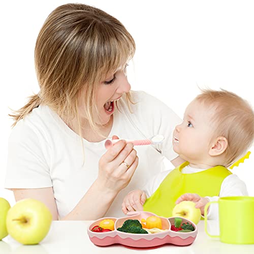 Yuccer Platos de Silicona para Bebe Ventosa Vajilla Platos Antideslizante con Cucharas Tenedor Platos Individual Bebe Sin BPA para Lavavajillas Microondas Silla Alta Cumpleaños Regalo (rosa)