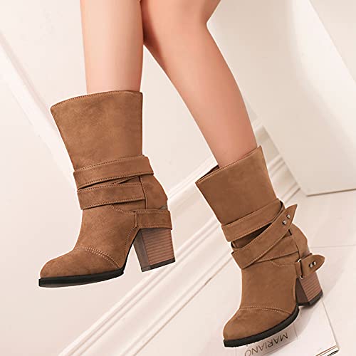 YWLINK Botas De Ante Botas Mujer Invierno Forradas CáLidas Botines Serraje TacóN Ancho Medio Plataforma Zapatos Nieve CóModos Botas De TacóN Grueso De Tubo Mediano De Gran TamañO (Caqui, 36)