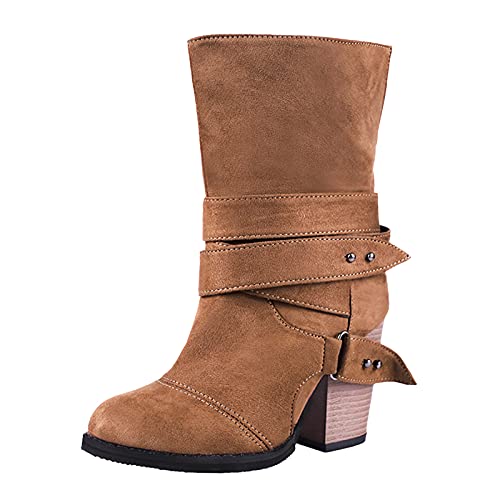 YWLINK Botas De Ante Botas Mujer Invierno Forradas CáLidas Botines Serraje TacóN Ancho Medio Plataforma Zapatos Nieve CóModos Botas De TacóN Grueso De Tubo Mediano De Gran TamañO (Caqui, 36)