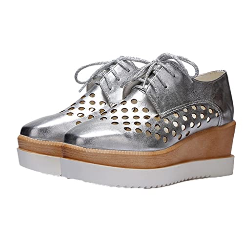 Zapatos Oxford para Mujer Zapatos Casuales de Charol de Corte bajo con Cordones Transpirables ahuecados Zapatos de Plataforma Antideslizantes de tacón de cuña Resistentes al Desgaste