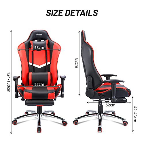 ZENEZ Silla Gaming, Silla Gamer Ergonómica con Reposapiés, Soporte Lumbar de Masaje y Almohada para el Cuello, Silla Escritorio Ajustable de 180 ° Cuero de PU para PC Gamer… (Rojo)