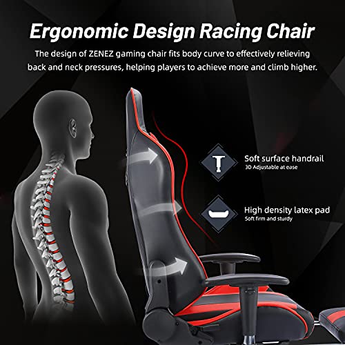 ZENEZ Silla Gaming, Silla Gamer Ergonómica con Reposapiés, Soporte Lumbar de Masaje y Almohada para el Cuello, Silla Escritorio Ajustable de 180 ° Cuero de PU para PC Gamer… (Rojo)