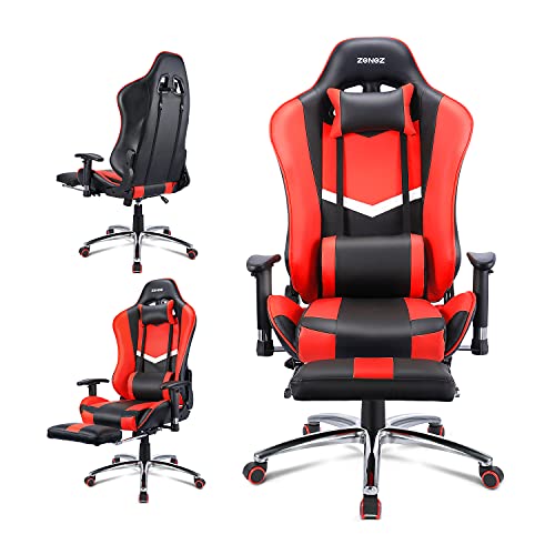 ZENEZ Silla Gaming, Silla Gamer Ergonómica con Reposapiés, Soporte Lumbar de Masaje y Almohada para el Cuello, Silla Escritorio Ajustable de 180 ° Cuero de PU para PC Gamer… (Rojo)