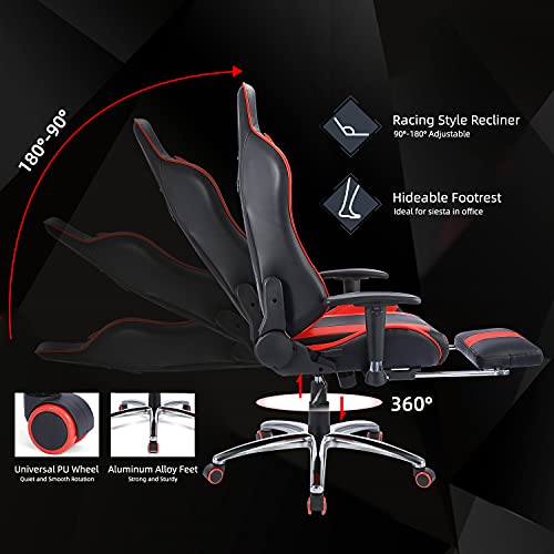 ZENEZ Silla Gaming, Silla Gamer Ergonómica con Reposapiés, Soporte Lumbar de Masaje y Almohada para el Cuello, Silla Escritorio Ajustable de 180 ° Cuero de PU para PC Gamer… (Rojo)