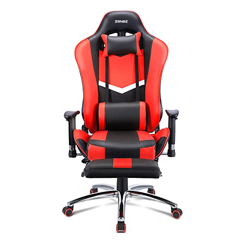 ZENEZ Silla Gaming, Silla Gamer Ergonómica con Reposapiés, Soporte Lumbar de Masaje y Almohada para el Cuello, Silla Escritorio Ajustable de 180 ° Cuero de PU para PC Gamer… (Rojo)