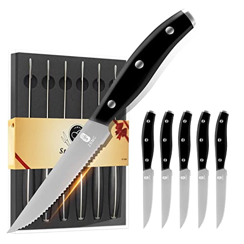 ZENG Cuchillos Arcos de Mesa Juego de 6 Cuchillos de Carne con Filo Ondulado Acero Inoxidable 11 cm Color Negro