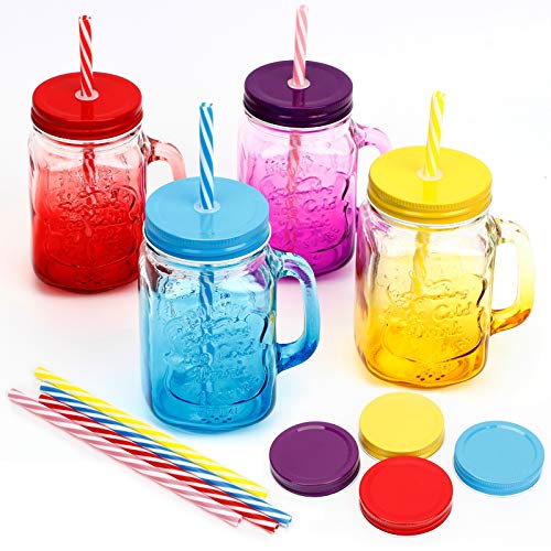 ZGoEC Vaso con tapa y pajita transparente, 4 colores, con asa, 450 ml, tarro Mason Jar con 4 tapas para pajita, 4 tapas de sellado extra, 8 pajitas de plástico.