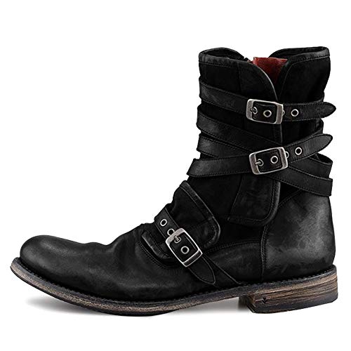 ZHITONG Botas Altas para Hombre, Botas De Motocicleta Punk Rock Botas Largas Cuero para Motorista De Invierno Botas Zapatos Planos Cómodos Punta Redonda, BlackBlack-42