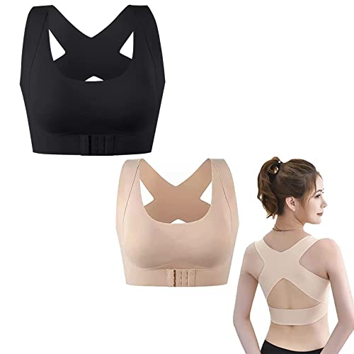 ZLSL Wireless Front Cross Bra, Seamless Front Buckle Support Bra Sports Bras, Posture Corrector Bra For Women with Back Support (Black X 2,XXL)